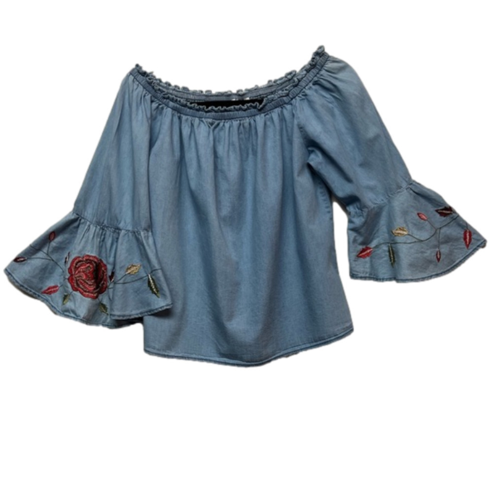 Speed Limit Off Shoulders Embroidered Sz L Floral Flared Sleeves Soft Denim Top